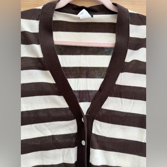 J. Crew Featherweight Chocolate Brown Ivory Cardigan Striped V Neck Cotton Large - Picture 6 of 15